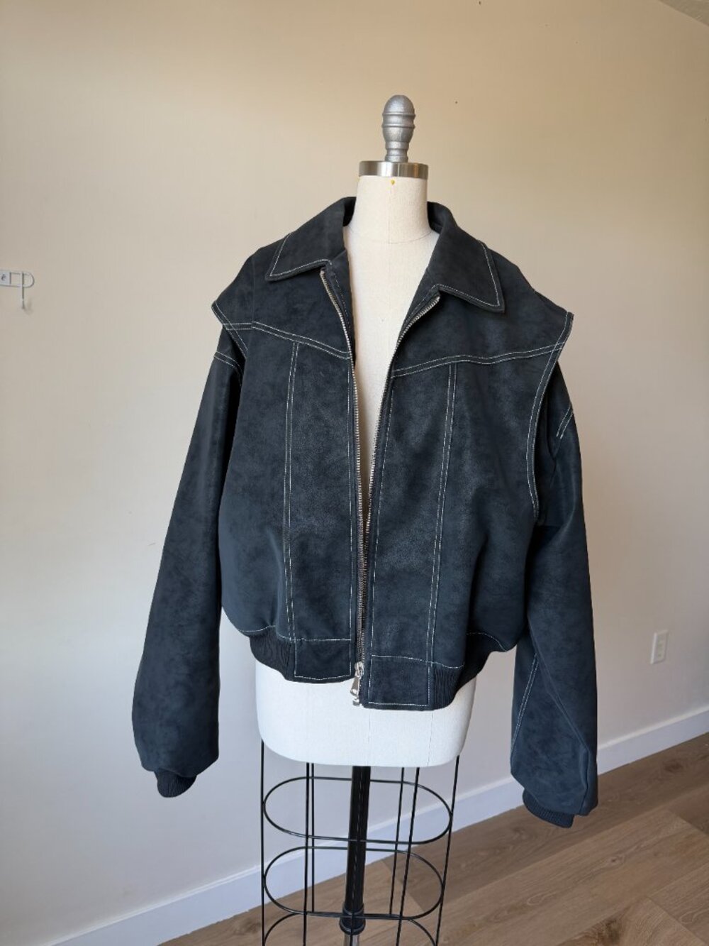 Lioness Vista Bomber Jacket Medium | Black Faux Suede Moto | Contrast Stitch - Picture 2 of 7